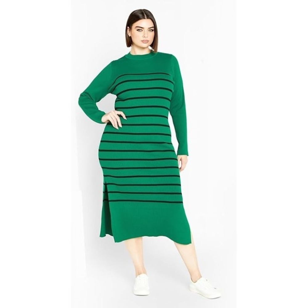 City Chic Maddie Green Black Striped Ribbed Knit Midi Sweater Dress Size L 20